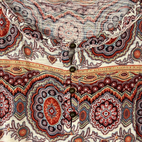 LUCKY BRAND Boho 3/4 sleeve top medallion design orange & cream metal bu… - Picture 4 of 10